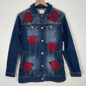 LuLaRoe Jaxon Floral Rose Embroidered Denim Jean Jacket NWT Size Small